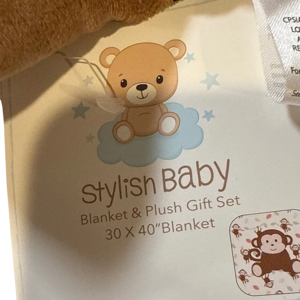 Stylish Baby Monkey Blanket and Plush Newborn Gift Set Brown White 30x40 NWT